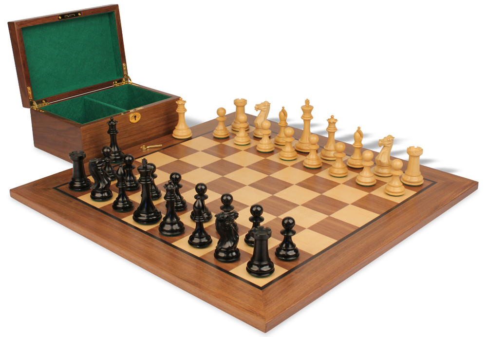 New Exclusive Staunton Chess Set - Ebonized & Boxwood Pieces - Walnut Classic Chess Board & Box - 3" King